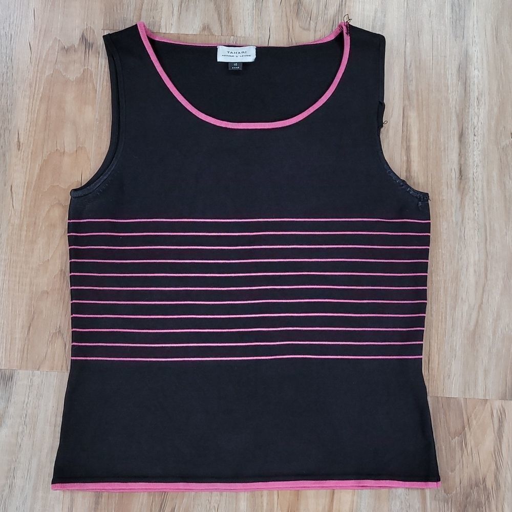 🔺️Tahari Black & Pink Striped Silk Blend Sleeveless Top Size 10
